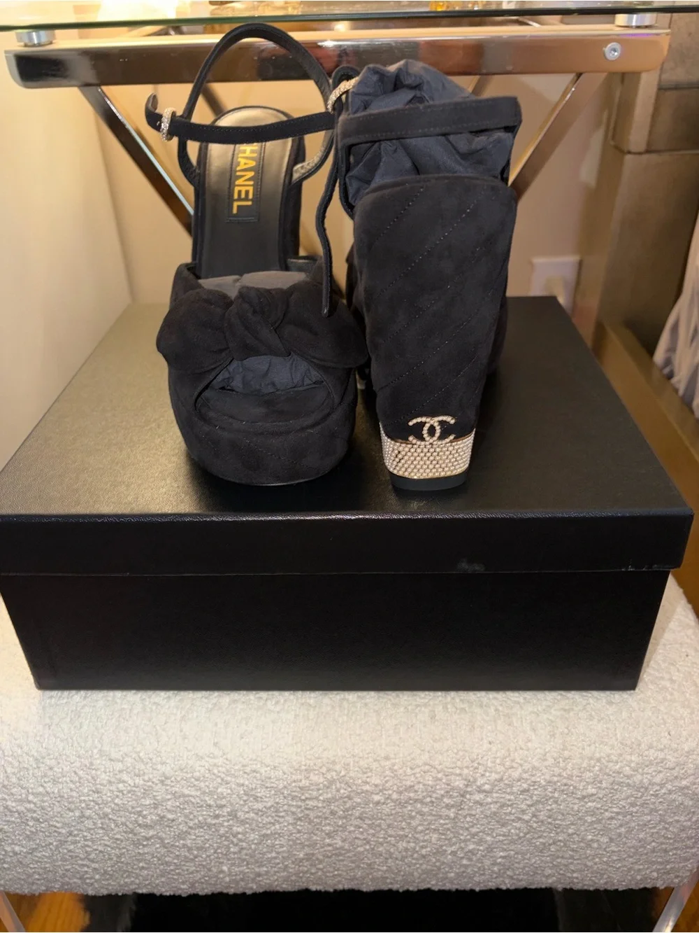 CHANEL Black Suede Platform Sandals with Bow and Pearl Heel Accent